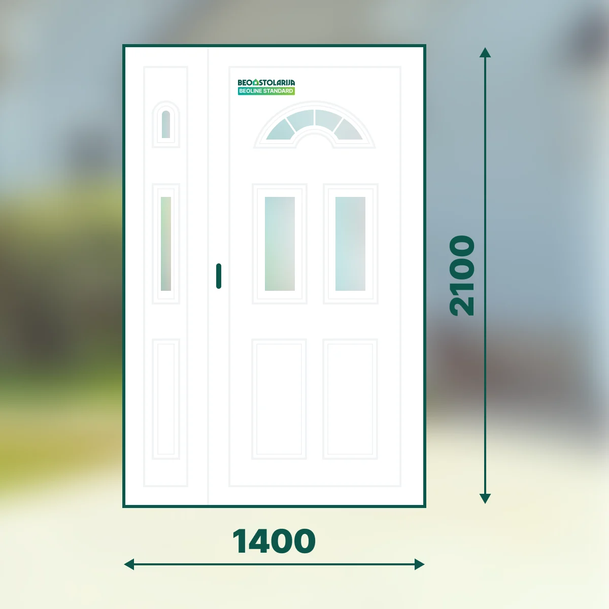 Beostolarija PVC ulazna vrata sa ukrasnim panelima dvokrilna 1400×2100 Beoline Standard